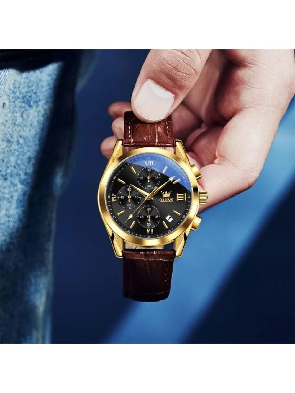 Men's Black Brown Leather Chronograph Watch Big Face Waterproof Luminous Watch